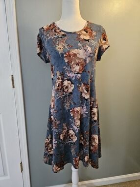 TMG Floral A-Line Dress in Slate Blue and Blush Women's Size Medium M